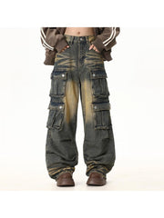 Ruched Denim Multi Pocket Cargo Wide Leg Jeans