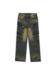 Ruched Denim Multi Pocket Cargo Wide Leg Jeans