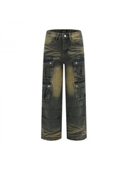 Ruched Denim Multi Pocket Cargo Wide Leg Jeans