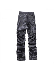 Glossy Ruched PU Patchwork Casual Pant