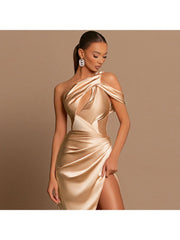 Goddess-like Irregular Ruched One-shoulder Maxi Evening Dress