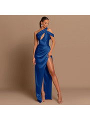 Goddess-like Irregular Ruched One-shoulder Maxi Evening Dress