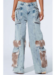 Fluff Cargo Pocket Denim Wide Leg Jeans