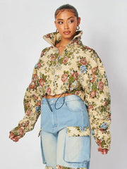 Colorblock Floral Stand Collar Zipper Jackets