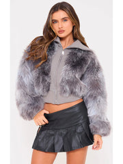 Gradient Lapel Zipper Cropped Faux Fur