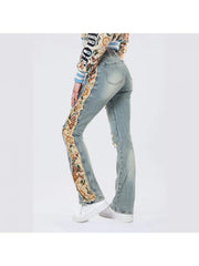 Floral Ripped Denim Fringe Lacework Jeans