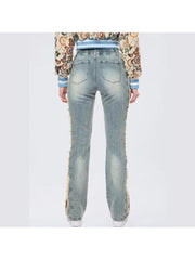 Floral Ripped Denim Fringe Lacework Jeans