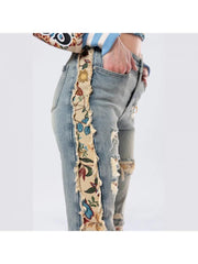 Floral Ripped Denim Fringe Lacework Jeans