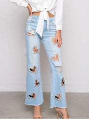 Heart Embellished Hollow-out Wide Leg Jeans