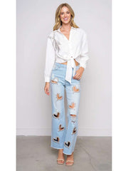 Heart Embellished Hollow-out Wide Leg Jeans