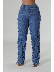 Tie-wrap Denim Patchwork High Rise Jeans