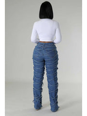 Tie-wrap Denim Patchwork High Rise Jeans