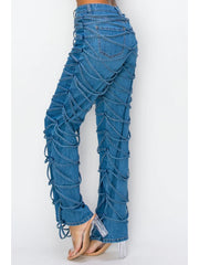 Tie-wrap Denim Patchwork High Rise Jeans