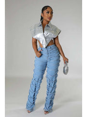 Tie-wrap Denim Patchwork High Rise Jeans