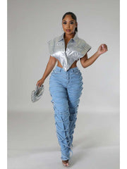 Tie-wrap Denim Patchwork High Rise Jeans