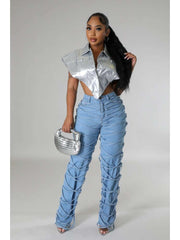 Tie-wrap Denim Patchwork High Rise Jeans