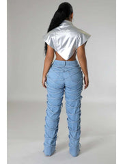 Tie-wrap Denim Patchwork High Rise Jeans