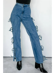 Denim Lace Up Bow Patchwork Straight Jeans