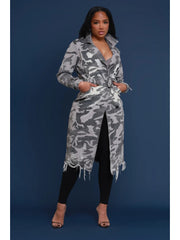 Denim Ripped Camo Tie-wrap Lapel Trench Coat