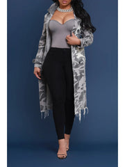 Denim Ripped Camo Tie-wrap Lapel Trench Coat