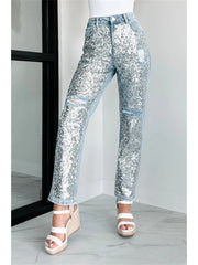 Ripped Denim Sequin Patchwork Jeans