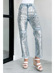 Ripped Denim Sequin Patchwork Jeans