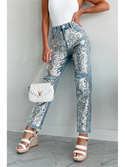 Ripped Denim Sequin Patchwork Jeans