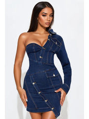 Denim One Shoulder Lapel Mini Dress