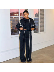 Loose Striped Trim Hooded Pant Sets