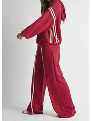 Loose Striped Trim Hooded Pant Sets