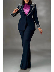 Faux Pearl Beading Lapel Blazers Pant Sets