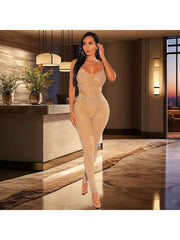 Rhinestones Sheer Fitted Sleeveless Jumpsuits