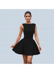 Plain Boat Neck Backless A-line Mini Dress