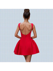 Plain Boat Neck Backless A-line Mini Dress