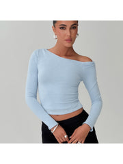 Ruched Inclined Shoulder Cropped Tops