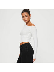 Ruched Inclined Shoulder Cropped Tops