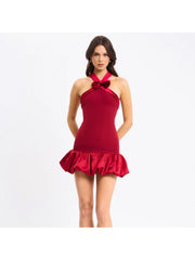 Red Bow Off Shoulder Halter Bubble Mini Dress