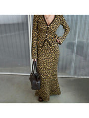 Leopard V Neck Buckle Coat Skirt Sets