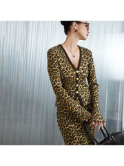 Leopard V Neck Buckle Coat Skirt Sets