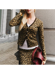 Leopard V Neck Buckle Coat Skirt Sets