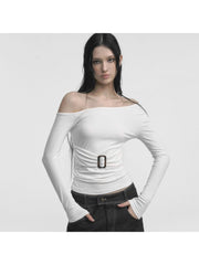 Plain Ruched Inclined Shoulder Fitted Tops