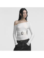 Plain Ruched Inclined Shoulder Fitted Tops