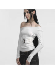 Plain Ruched Inclined Shoulder Fitted Tops