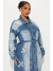 Cross Embroidery Denim Lapel Trench Coat