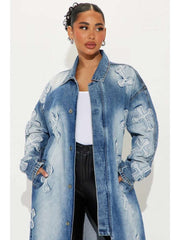 Cross Embroidery Denim Lapel Trench Coat