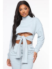 Solid Mock Neck Lace Up Cropped Pant Sets