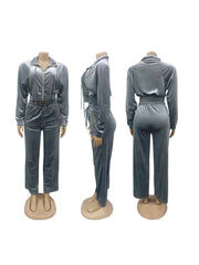 Casual Velour Zipper Lapel Coats Pant Sets