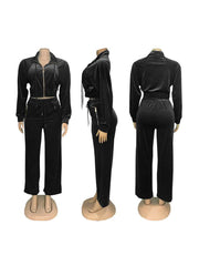 Casual Velour Zipper Lapel Coats Pant Sets