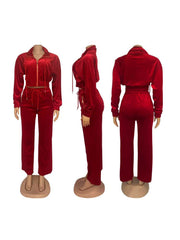 Casual Velour Zipper Lapel Coats Pant Sets