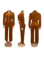 Casual Velour Zipper Lapel Coats Pant Sets